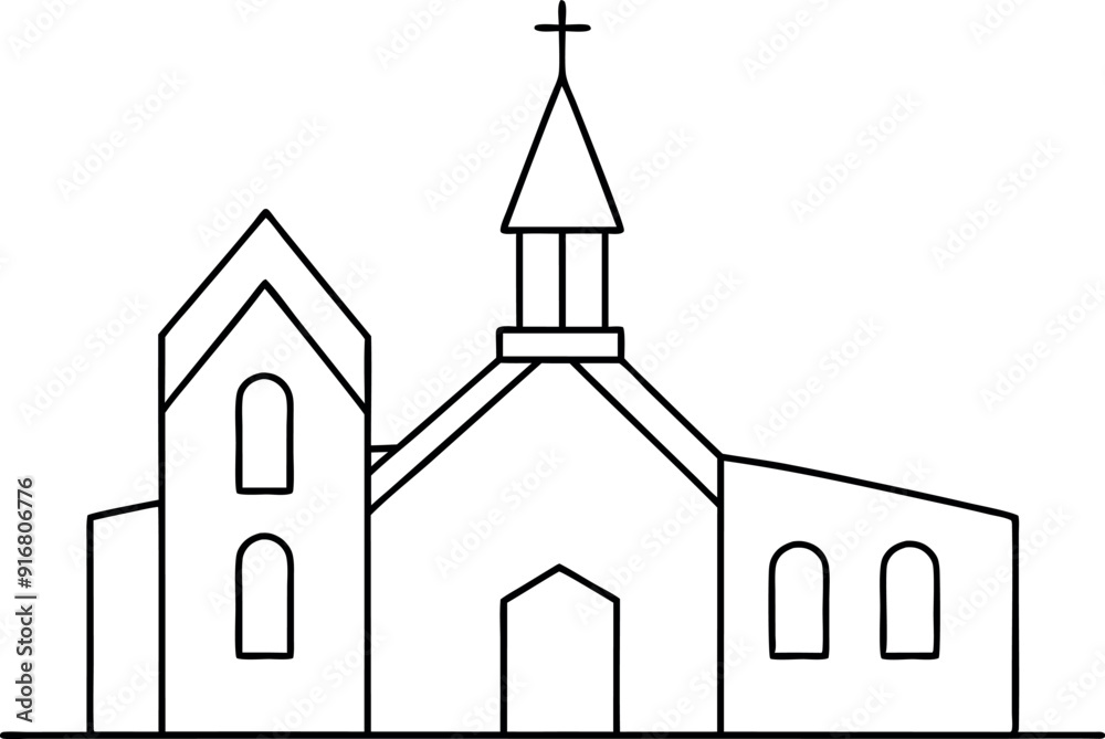 Simple Line Drawing of a Church Building with Steeple Simple Line Drawing of a Church Building with Steeple