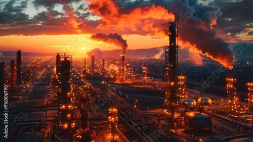 A large oil and gas facility at sunset, with its intricate machinery, large black oil tanks, and neon lights reflecting off the smoke rising in the distance. The scene is set against a vast landscape
