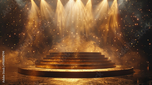 Luxury gold round podium winner ceremony abstract shiny background with light of spotlights, champion design, victory show product template studio, 3D platform, stage for award. Copy space.