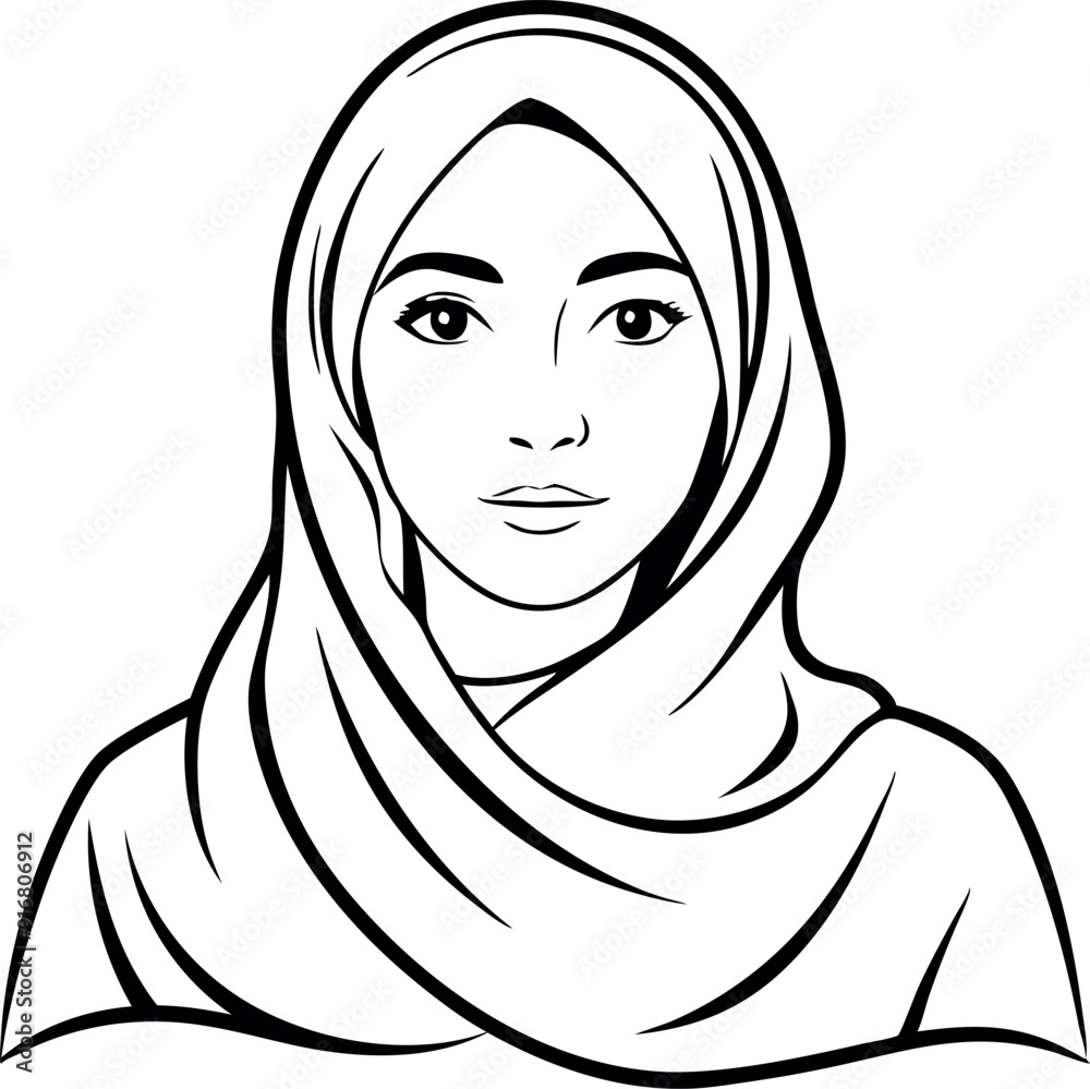 Black And White Illustration Of Woman Wearing Hijab Black And White Illustration Of Woman Wearing Hijab