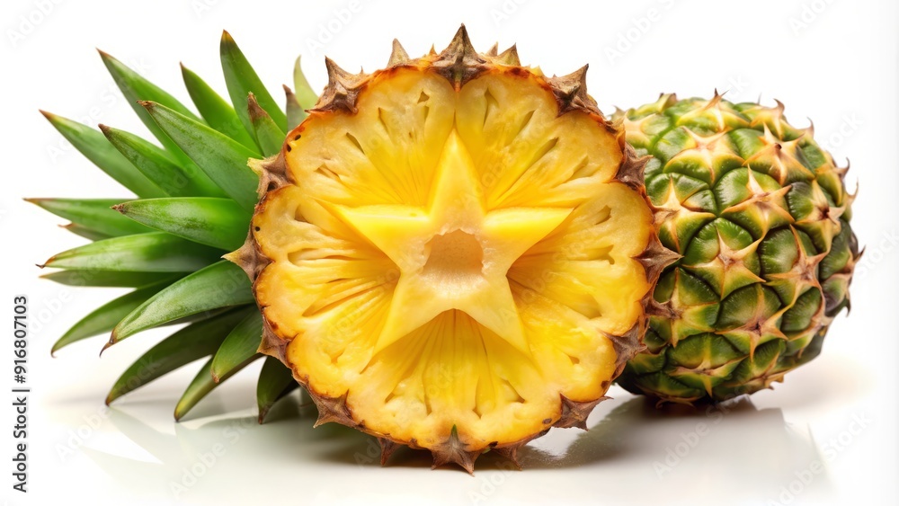 Freshly cut pineapple half exposes intricate star-shaped core and juicy flesh against a crisp clean white isolated studio background. Freshly cut pineapple half exposes intricate star-shaped core and juicy flesh against a crisp clean white isolated studio background.