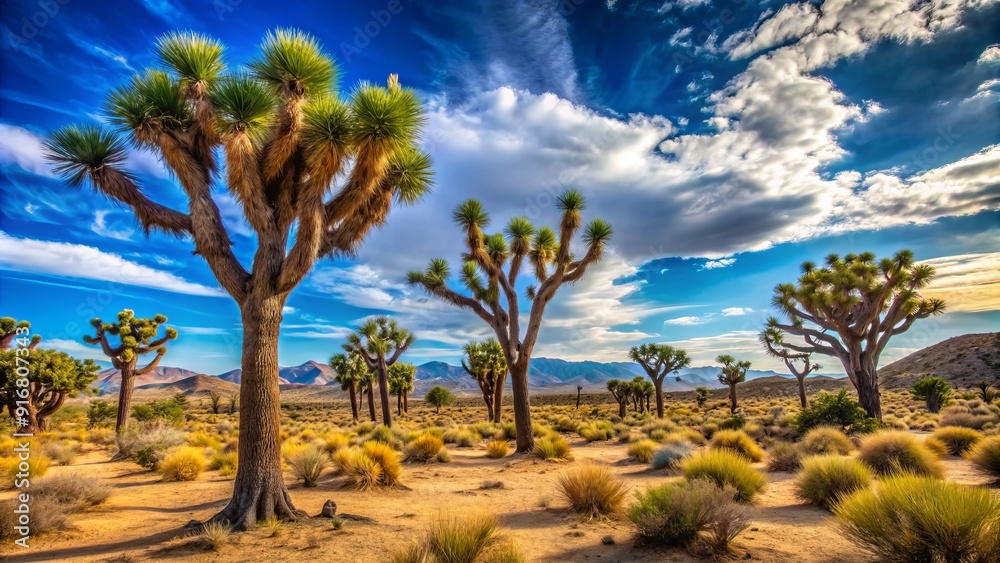 Majestic Joshua trees stand tall in the desert landscape of Antelope Valley, California, under a vibrant blue sky. Majestic Joshua trees stand tall in the desert landscape of Antelope Valley, California, under a vibrant blue sky.