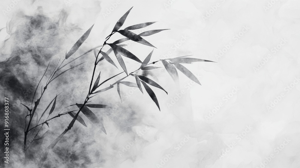 Obraz premium Ethereal Chinese ink painting of bamboo leaves with smoke-soft lines, ruined and desolate on a light gray backdrop, capturing high def details and light depth for a minimalist composition.