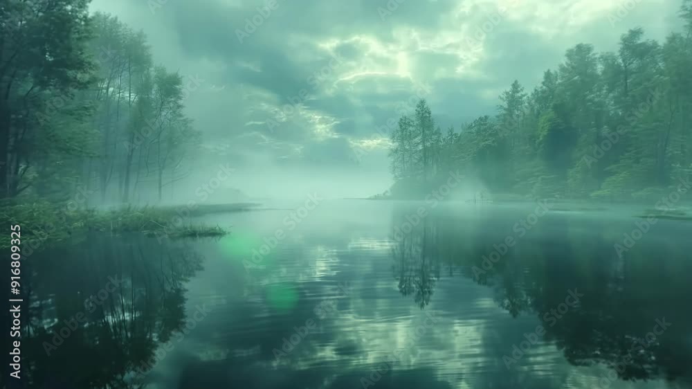 A calm lake with a foggy sky in the background. The water is still and the trees are tall A calm lake with a foggy sky in the background. The water is still and the trees are tall
