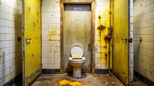 Filthy toilet door surface with yellowish urine stains, boogers, and dirt accumulation, conveying neglect and poor hygiene in a bathroom.