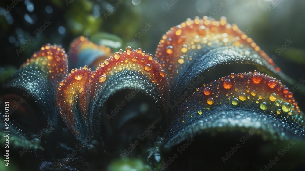 Obraz premium Dewy Leaves Vibrant Colors Macro Nature Water Drops Photogenic Botanical Detailed Close-Up