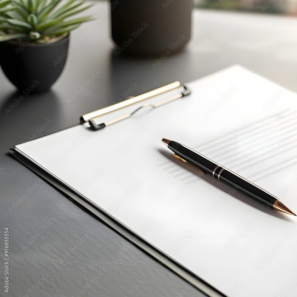 Modern office desk with clipboard and black pen. Modern office desk with clipboard and black pen.