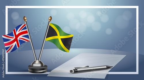United Kingdom and Jamaica Small national flag on bokeh background, cooperative relationship