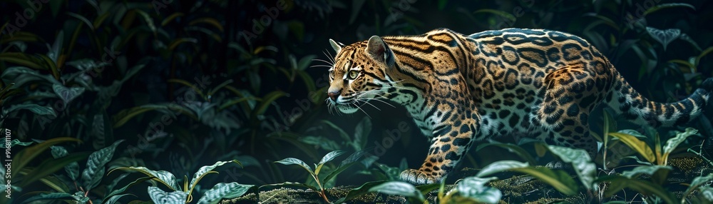 Naklejka premium Ocelot stalking in jungle shadows, photorealistic, detailed fur pattern, rich green backdrop, high contrast lighting 8K , high-resolution, ultra HD,up32K HD