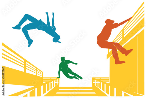 Colorful vector editable parkour player poses for any graphic background	