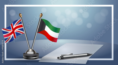 United Kingdom and Kuwait Small national flag on bokeh background, cooperative relationship