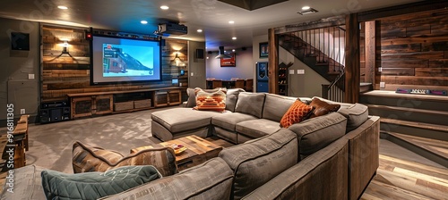 a cozy basement family room with a large sectional sofa, a home theater system, and a game area 