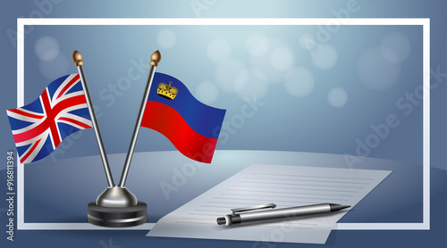 United Kingdom and Liechtenstein Small national flag on bokeh background, cooperative relationship