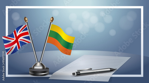 United Kingdom and Lithuanian Small national flag on bokeh background, cooperative relationship