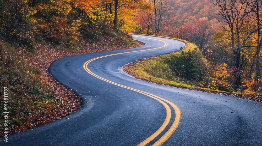 Naklejka premium Highway road through the autumn forest. Autumn forest road. Road in autumn forest. Autumn road way