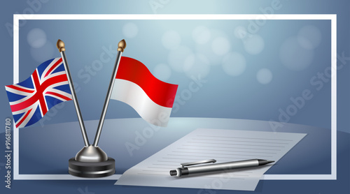 United Kingdom and Monaco Small national flag on bokeh background, cooperative relationship