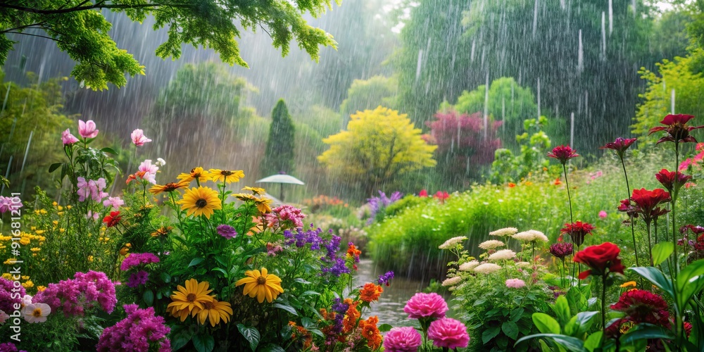 Fototapeta premium Soothing rain sounds and lush greenery envelop a serene summer landscape, filled with vibrant flowers and revitalizing natural scents.