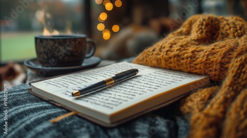 New Year's resolution, Notebook with handwritten goals and resolutions. Cozy Autumn Scene with a Journal, Pen, and Warm Blanket Beside a Cup of Coffee, Capturing the Essence of a Peaceful photo