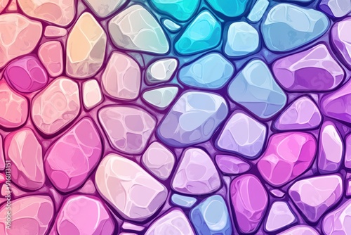 Abstract Colorful Stone Wall Texture Background - Vibrant Gradient Pattern of Irregularly Shaped Pebbles in Pink, Purple, Blue, and Teal Hues.