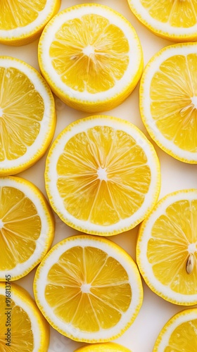 Design a refreshing background with a top view of real lemon slices, captured in high definition with a clean, noise-free presentation that emphasizes the vibrant yellow color and zesty texture

