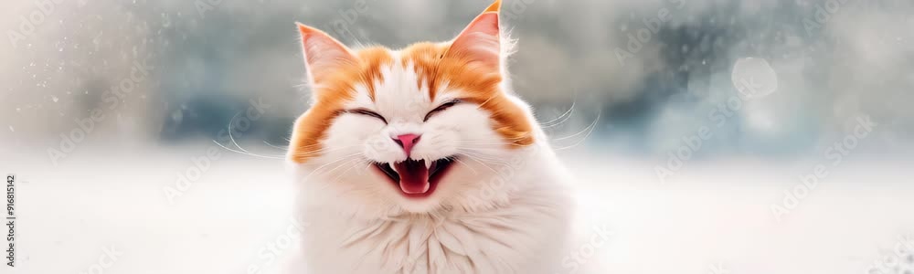 Happy ginger cat with mouth open wide with falling snowflakes on background. Copy space template web site banner Happy ginger cat with mouth open wide with falling snowflakes on background. Copy space template web site banner