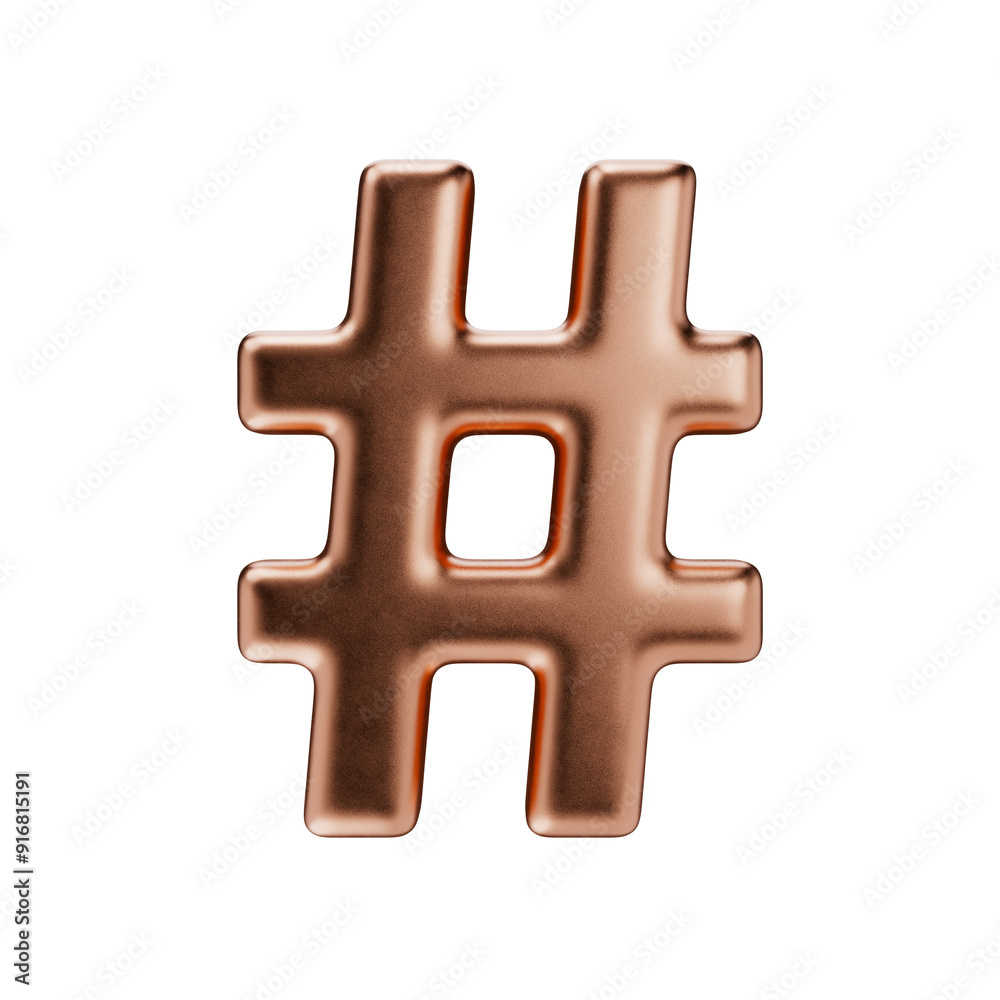 Obraz premium Hashtag sign. Typography mark isolated on a transparent background. 3D render of an icon in copper with a matte texture.