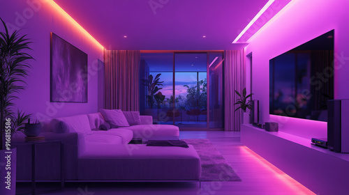 Serene Living: Modern Living Room with Purple Lights in Stream Loop