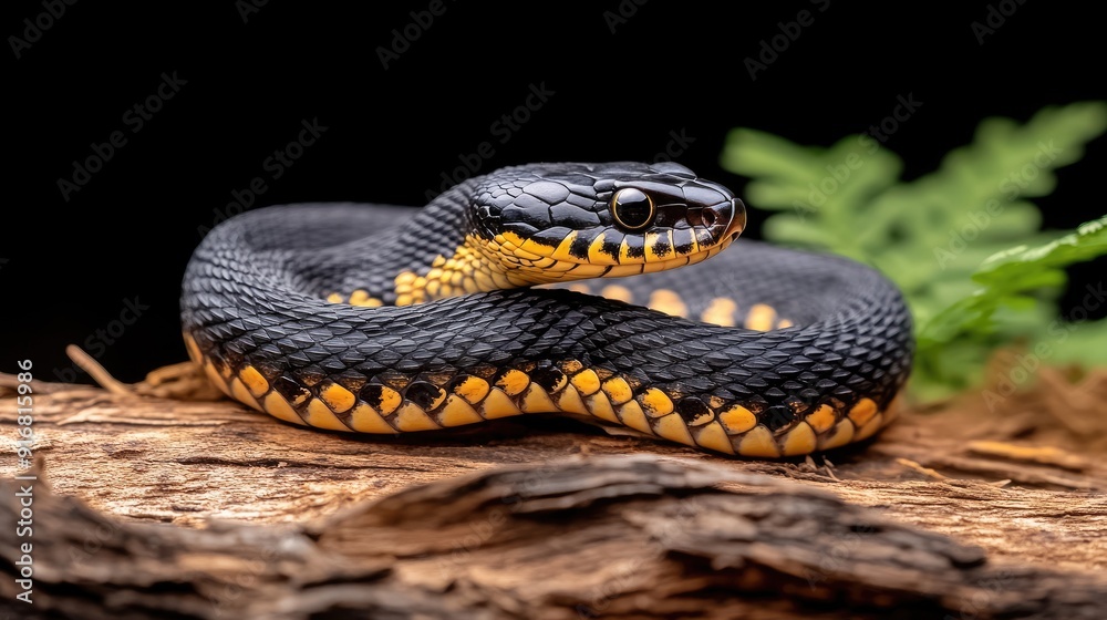 A black and yellow rattlesnake slithers through the dense forest, ready to strike, showcasing its vivid colors against the rich earth and greenery A black and yellow rattlesnake slithers through the dense forest, ready to strike, showcasing its vivid colors against the rich earth and greenery