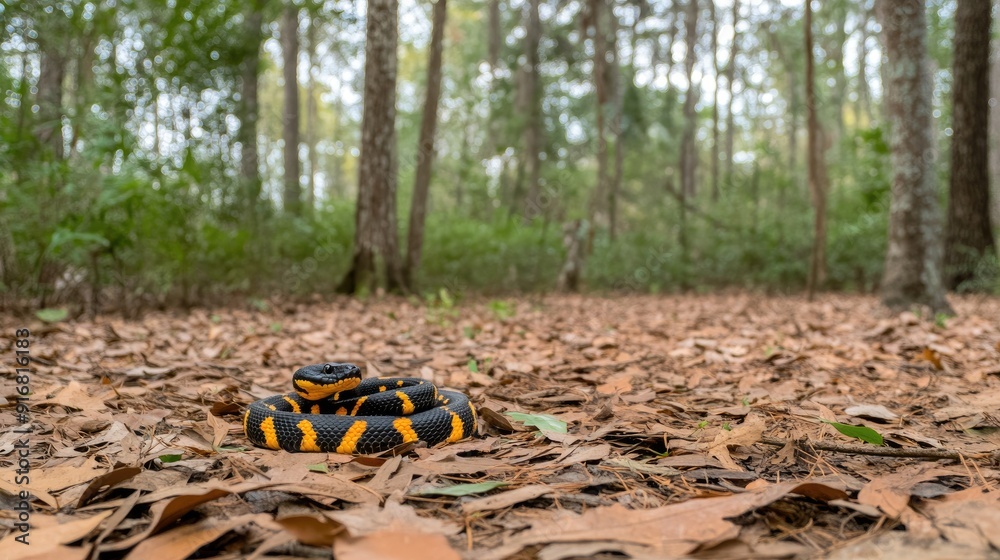 Obraz premium A black and yellow rattlesnake slithers through the dense forest, ready to strike, showcasing its vivid colors against the rich earth and greenery
