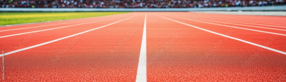 Fototapeta premium a red running track, featuring clean white lanes, perfect for athletic events and sports photography.