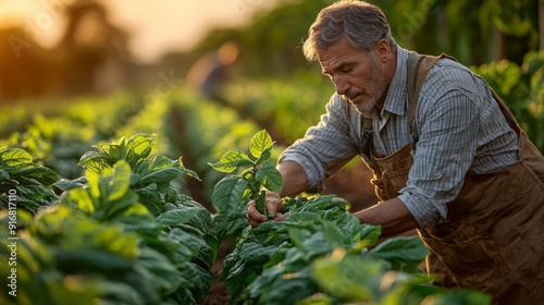 Asian senior farmer use the internet from their tablets to check the quality of tobacco leaves. Agricultural technology concept.