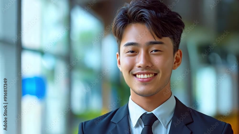 In a contemporary office setting, a youthful entrepreneur grinning broadly strikes a pose. In a contemporary office setting, a youthful entrepreneur grinning broadly strikes a pose.
