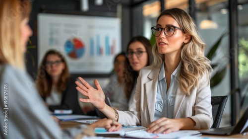 A woman in a business suit is talking to a group of women in a conference room