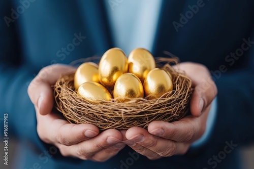 Close-up of hands holding a nest filled with shiny golden eggs, symbolizing prosperity, investment, and future success.