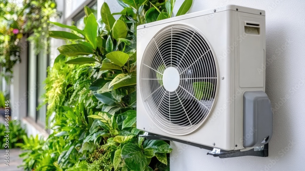 A sleek outdoor air conditioning unit is installed on the exterior wall, harmoniously blending with the vibrant greenery around it A sleek outdoor air conditioning unit is installed on the exterior wall, harmoniously blending with the vibrant greenery around it