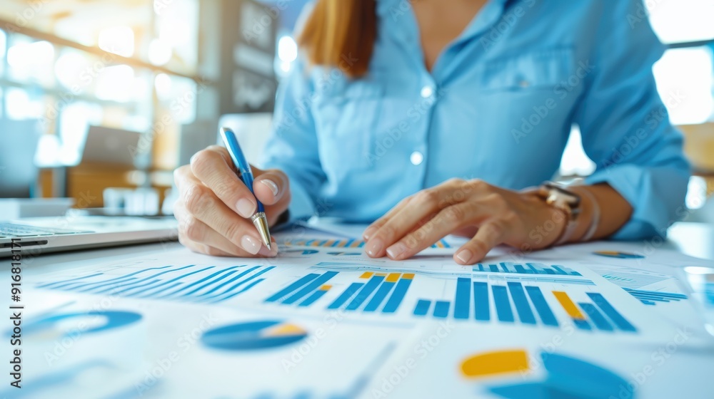 Businesswoman analyzing financial data on a desk with reports, charts, budget allocations and graphs in a modern office setting. Businesswoman analyzing financial data on a desk with reports, charts, budget allocations and graphs in a modern office setting.