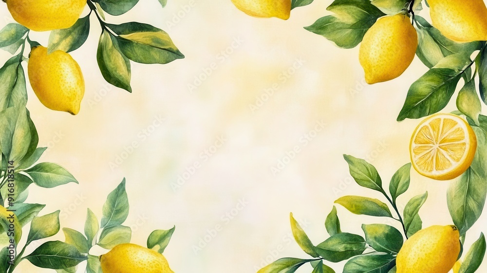 Bright watercolor illustration of fresh lemons framed by lush green leaves, perfect for food and beverage designs. Bright watercolor illustration of fresh lemons framed by lush green leaves, perfect for food and beverage designs.