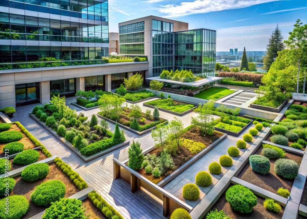 Vibrant lush greenery and modern architectural details of a rooftop garden with a serene atmosphere on a university campus background.