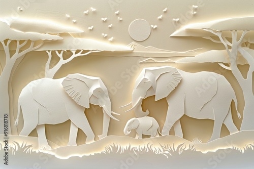 Serene Paper Cut Elephant Family Scene in African Savannah for Posters and Cards