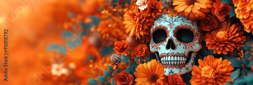 Day of the Dead, el Dia de los Muertos Celebration, Sugar Skull and Flowers Background, with copy space, AI Generated #916818792