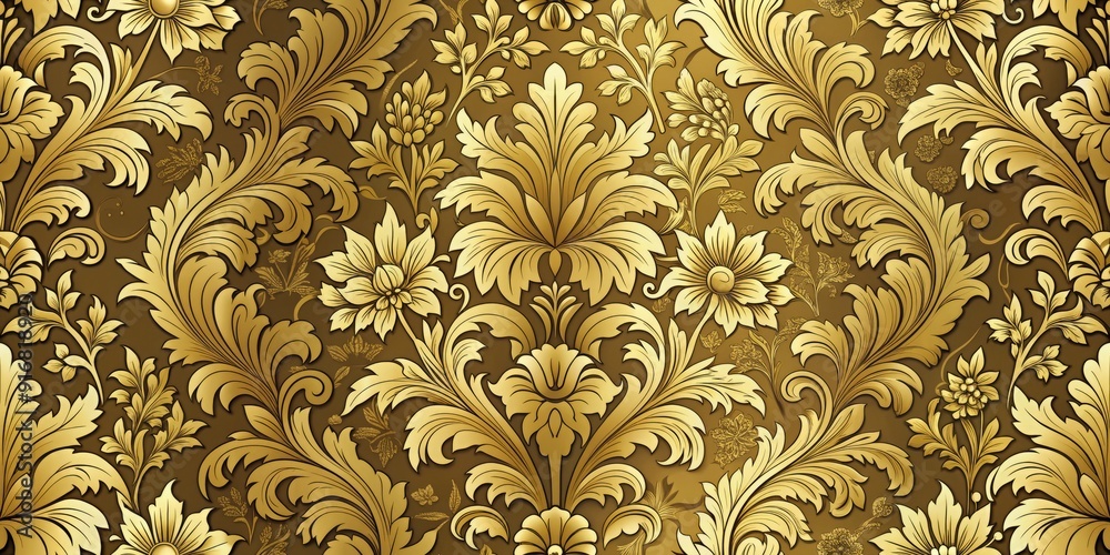 Elegant seamless damask pattern featuring intricately illustrated florals with luxurious golden texture, perfect for textile, printing, and design projects. Elegant seamless damask pattern featuring intricately illustrated florals with luxurious golden texture, perfect for textile, printing, and design projects.