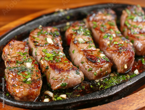 A plate of meat with parsley on top. The meat is cooked and looks delicious. The parsley adds a fresh and healthy touch to the dish