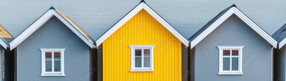 Colorful houses in a row, showcasing unique architectural styles with a bright yellow house standing out against gray ones. Colorful houses in a row, showcasing unique architectural styles with a bright yellow house standing out against gray ones.