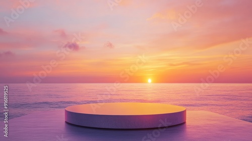 Minimalist Product Display Platform Overlooking a Serene Sunset Sea.