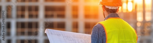 Construction worker examines blueprints at sunset, representing dedication and planning in building projects. photo