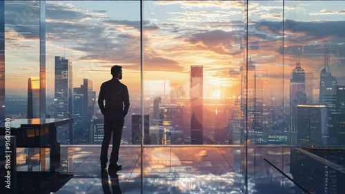 A professional man stands in the center of an office with floor-to-ceiling windows overlooking the city at sunset. He wears a business suit and looks out over the buildings.