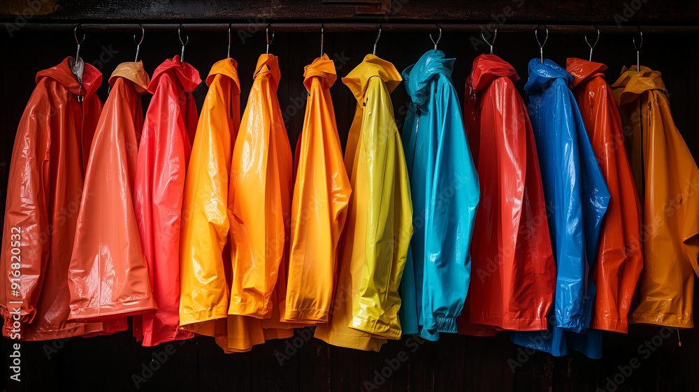 Colorful Raincoats Hanging on a Clothesline Colorful Raincoats Hanging on a Clothesline