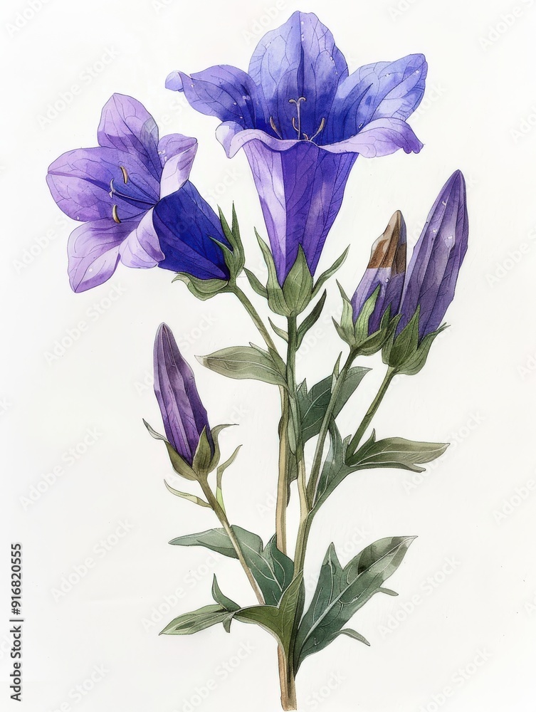 A botanical illustration of purple bellflowers with buds, showcasing natural beauty.