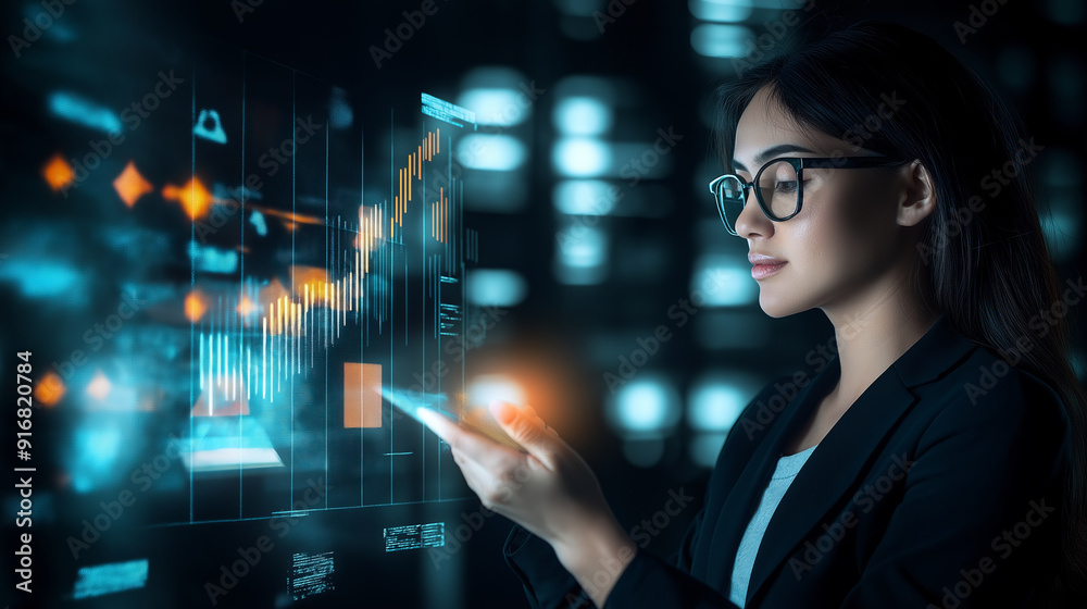 Businesswoman analyzing data on digital screen.