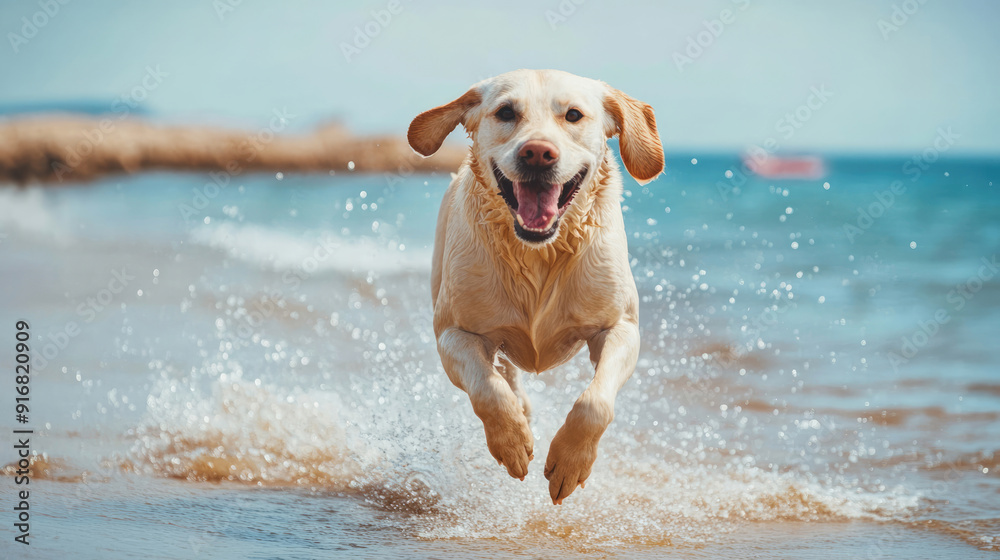A happy dog joyfully running on the sandy beach while splashing water all around it A happy dog joyfully running on the sandy beach while splashing water all around it